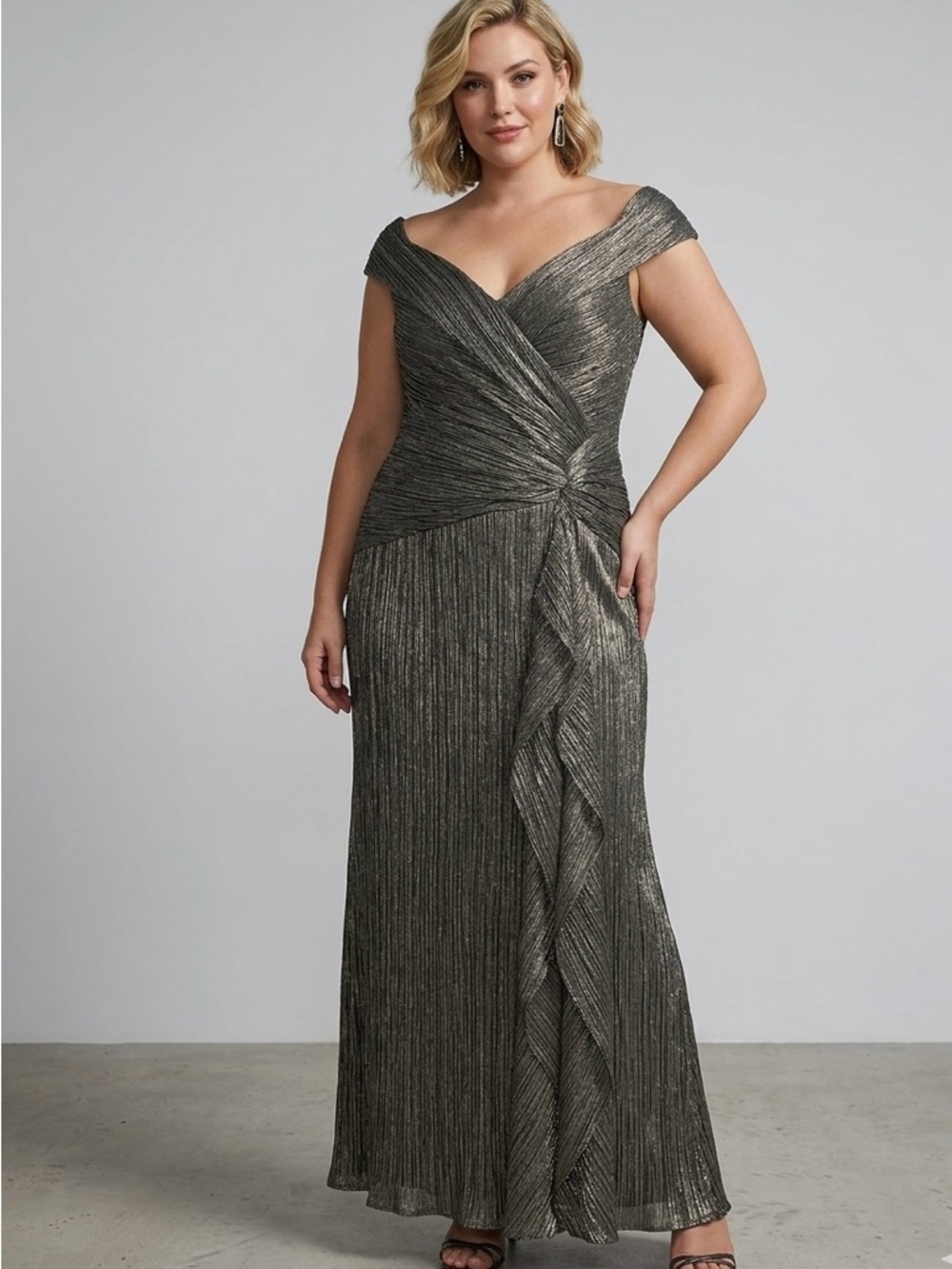 Xscape One-Shoulder Metallic Charcoal Evening Gown